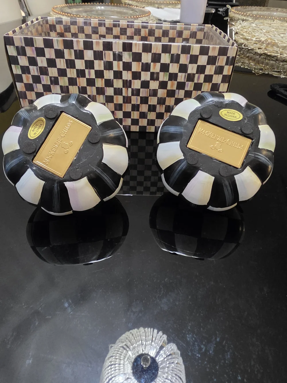 Black & White Checkerboard Candle Holders with Gold Leaf Accents